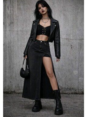 Fashion Nova Denim Cut Out Maxi Skirt Edgy Clubwear Goth Size Medium Black